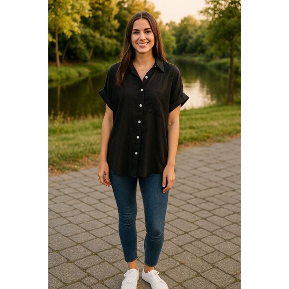 Unknown Tops - Black Button-Up Short Sleeve Shirt XL